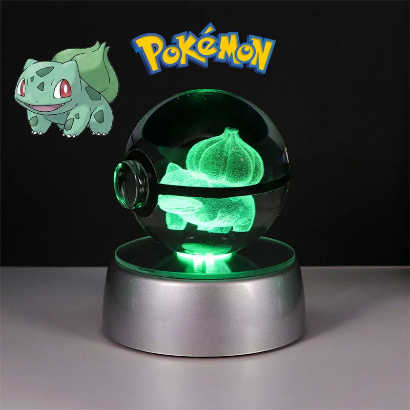 Pokemon 3D Crystal Ball Figure Toys Pokeball Mimikyu Bulbasaur Umbreon Pikachu Gengar Sprigatito Model with Led Light Base Dolls