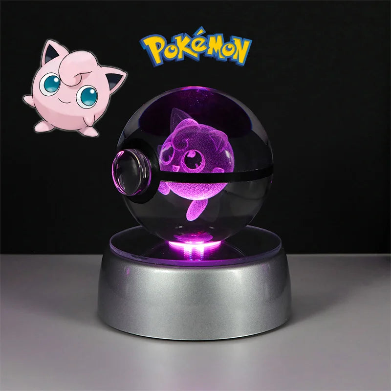 Pokemon 3D Crystal Ball Figure Toys Pokeball Mimikyu Bulbasaur Umbreon Pikachu Gengar Sprigatito Model with Led Light Base Dolls